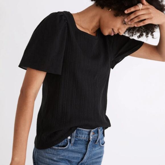 Madewell Black Flutter Sleeve Weavemix Ribbed Top Women's Small - Picture 1 of 10